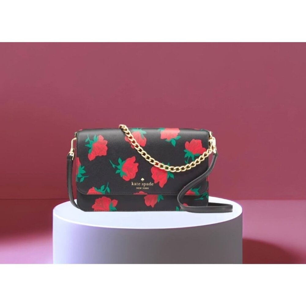 Kate Spade Crossbody Rose Printed Flap Crossbody Purse Black Multi